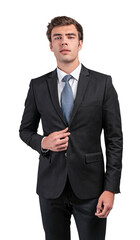 Man in formalsuit with a blue tie, posing confidently. Isolated on a clean white background....