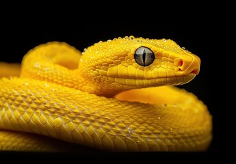 Obraz premium Vibrant yellow snake with intricate scales glistening in droplets of water against a dark background, showcasing nature's beauty and wildlife detail
