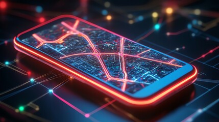 A glowing smartphone displays a city map with glowing roads, representing digital mapping and navigation.