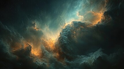 Fototapeta premium A distant planet with swirling clouds and a vibrant nebula dominating the sky