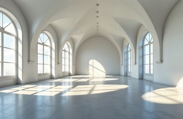 Obraz premium Empty white room with arched windows. Sunlight casts shadows on light gray floor. Spacious interior with large windows offering city views. Modern style interior. Architectural design concept. Modern