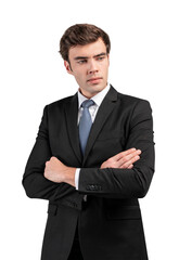 Confident businessman in formal suit with arms crossed, isolated on white background. Professional and corporate attire concept