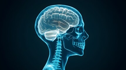 Obraz premium Transparent Human Skull with Glowing Brain X-Ray Image Showing the Anatomy and Complexity of the Central Nervous System in a Digital,Futuristic Style