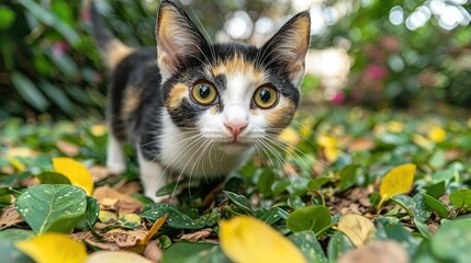 Calico Kitten Exploring Lush Green Garden