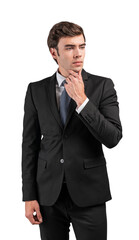 A man in formalsuit and tie, isolated on white background, contemplating with hand on chin. Professional and business concept