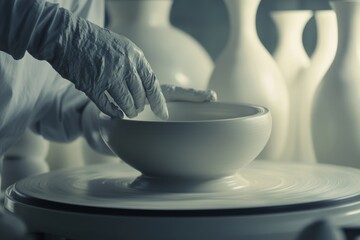 Hands Sculpting a Clay Bowl on a Pottery Wheel in a Bright Studio