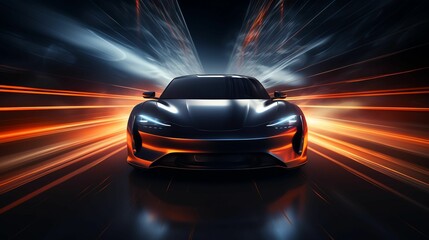 A sleek, modern sports car emerges from a blur of light, representing speed and innovation. The dynamic design captures the essence of automotive engineering and performance.