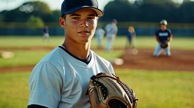 Young baseball player on the field during a game with glove and cap AI