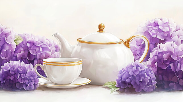 beautiful, A watercolor painting depicting a white porcelain teapot and tea cup with gold trim, surrounded by purple hydrangea flowers.
