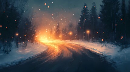 Obraz premium Dreamy blurred bokeh lights glowing gently on a snowy forest path creating an enchanting and tranquil winter landscape visual