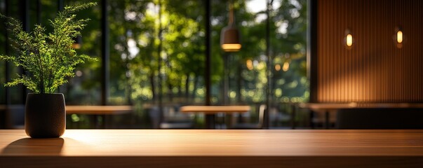 A serene indoor scene featuring a wooden table, a small potted plant, and large windows revealing lush greenery outside.