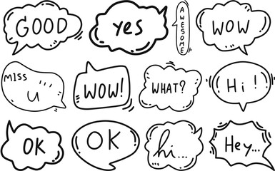 speech bubble set with text, doodle-style comic speech bubbles featuring phrases like "good," "wow," "yes," and "hi," perfect for graphic design, comics, and social media