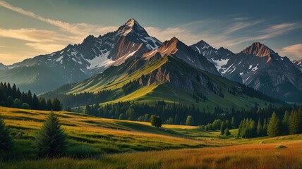 Obraz premium mountain wallpaper,Tranquil meadow and majestic peaks a scenic mountain wallpaper exploring nature canvas colorful
