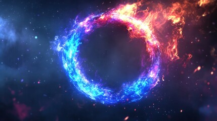 Fiery ring of blue and red flames against a dark nebula.