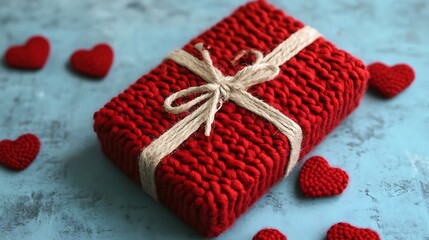 Red knitted gift box tied with twine, surrounded by small hearts on a blue background.