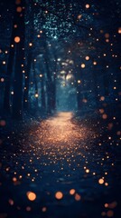 Fototapeta premium Dreamy blurred bokeh lights glowing gently on a snowy forest path creating an enchanting and tranquil winter landscape visual