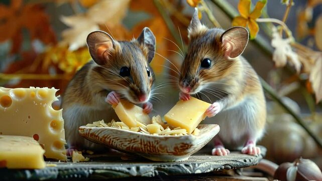 Two mice eating cheese together, highlighting their adorable interaction and the detailed texture of their fur and the cheese.