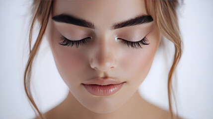 beautiful, A close-up portrait of an elegant woman with long eyelashes, closed eyes, and a delicate blush on her cheeks. The background is white, highlighting the model's features.