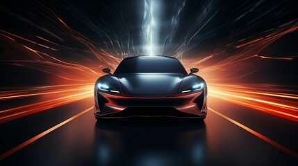 Naklejka premium This dynamic image showcases a sleek, modern vehicle set against a backdrop of vibrant light streaks, conveying speed and innovation. Perfect for automotive and technology themes.