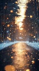 Dreamy blurred bokeh lights glowing gently on a snowy forest path creating an enchanting and tranquil winter landscape visual