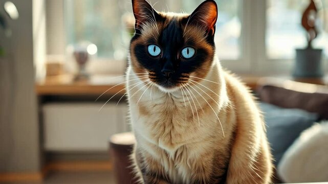 Curious siamese cat in sunlit modern interior setting AI