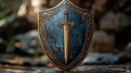 Medieval shield with sword, dark blue, gold accents, stone background.