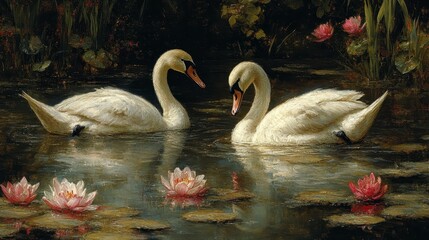 Two graceful white swans swim in a serene pond amongst pink water lilies.