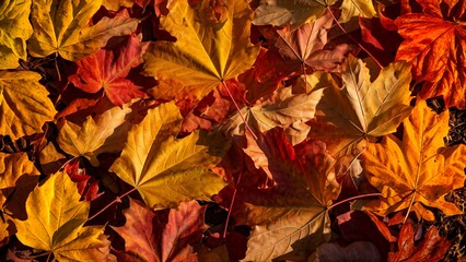 Fototapeta premium Autumn leaves in shades of yellow, orange, and red overlapping each other.