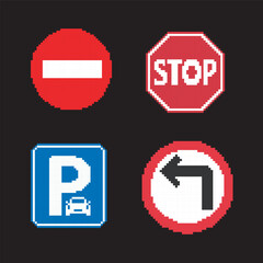 pixel art traffic signs icons set, vector illustration on isolated background.