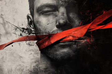 Abstract Illustration of a Silenced Figure with a Bold Red Strip Across the Mouth
