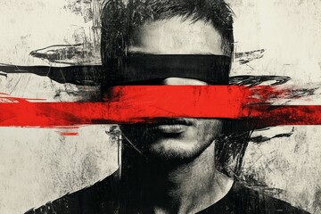 Abstract Illustration of a Silenced Figure with a Bold Red Strip Across the Mouth
