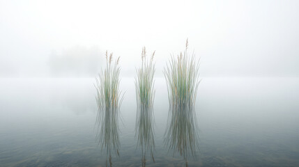 Fototapeta premium beautiful, A photograph of reeds in the middle of a lake, with a foggy atmosphere and muted colors, embodying a minimalist aesthetic.