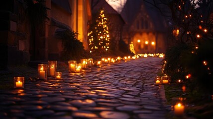 Festive Christmas lights illuminating the cobblestone streets near St. Mary's Church in Celle, Germany, evoking the warmth and joy of the holiday season