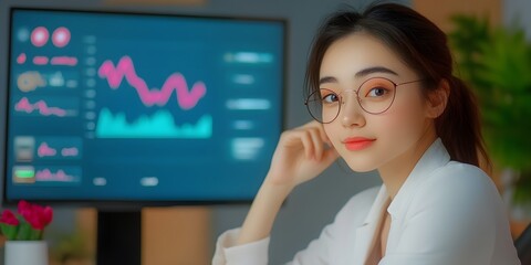 Young professional woman wearing glasses intently analyzing market trends and financial data displayed on a large digital screen with charts graphs