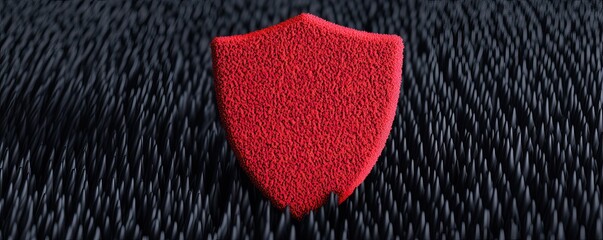 A vibrant red shield symbol stands out against a textured black background, representing protection and security.