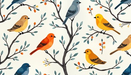 Fototapeta premium Cute birds sitting on branches with leaves, berries. Colorful illustration. Pattern suitable for wallpaper, fabric, decorative print. Spring nature theme. Design simple, visually appealing. Perfect