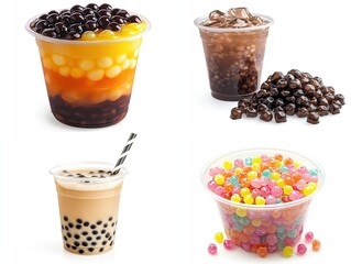 Fototapeta premium Four cups of bubble tea with various toppings and flavors.