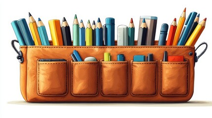 Brown leather pencil case full of colorful pencils, pens, erasers, and other art supplies.