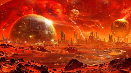Obraz premium Alien Cityscape Red Planet Futuristic Colony