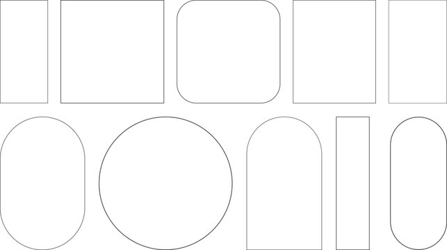 Basic geometric shape vector set including rectangles, circles, rounded rectangles, and arches - clean and minimal outline designs for graphic templates, layouts, and creative design projects


