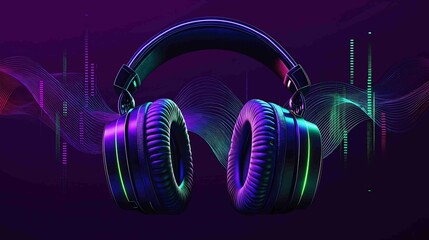 Vibrant modern headphones intertwine with dynamic abstract soundwaves, showcasing a striking cyber purple and neon green aesthetic, embodying vintage tech with contemporary flair