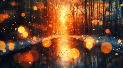 Soft blurred golden lights shimmer faintly along a snow-laden forest road evoking a peaceful and dreamy winter wonderland atmosphere