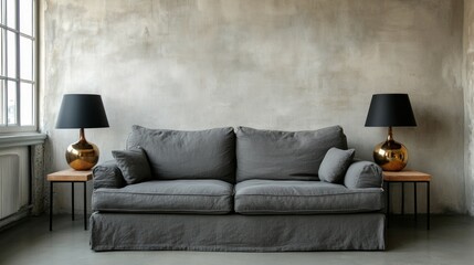 Grey sofa in loft interior with lamps.