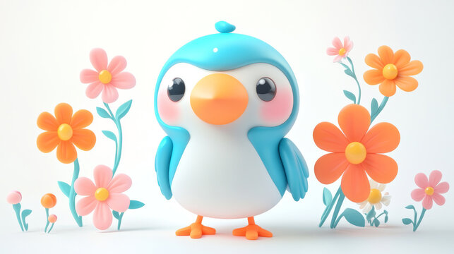 beautiful, 3D illustration of a cute bird with flowers, white background, blue, orange, and pink colors, art toy style, clipart design.