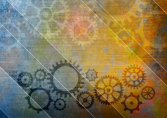 Horizontal banner with frame with vintage metal gear on retro paper texture. Mock up template. Copy space for text. Can be used for steampunk, industrial, mechanical design