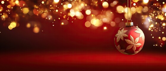 A festive red ornament hangs against a blurred background of shimmering golden lights, evoking a warm holiday atmosphere.