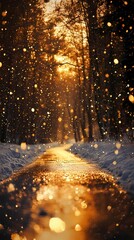 Soft blurred golden lights shimmer faintly along a snow-laden forest road evoking a peaceful and dreamy winter wonderland atmosphere