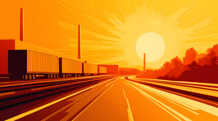 Obraz premium A vibrant sunset casts an orange glow over a highway lined with trucks, creating a striking silhouette against the sky