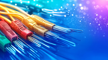 Colorful audio cables arranged against a vibrant background, showcasing their connectors and wires, ideal for music and technology enthusiasts