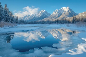 Sun shining over snowy mountains reflecting in a frozen lake